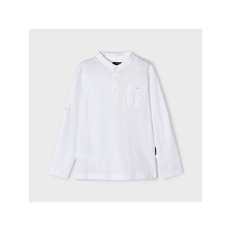 L/s mao-collar polo shirt white   