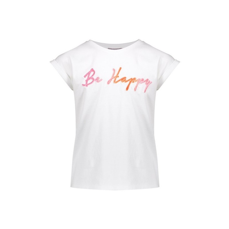 T-shirt "be happy" puff tekst offwhite/fuchsia/orange